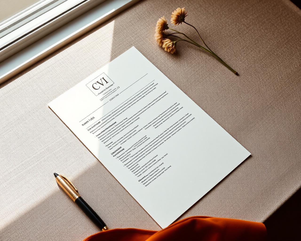 Ett elegant CV på varmt papper bredvid en penna och torkade blommor